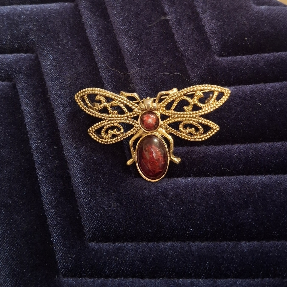 Monet Designer Gold and Red Bee Brooch - Picture 2 of 4